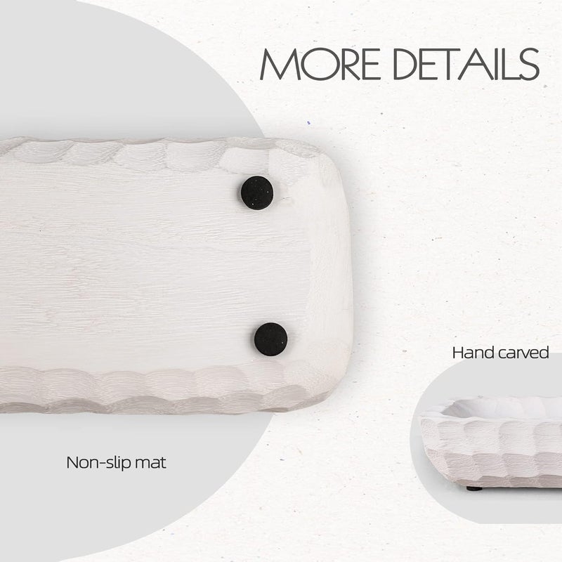 Oakrain Decorative Bowl for Home Decor, Long Dough Bowl with Hand Carved Irregular Texture, Unique Table Centerpieces, Wooden Home Decor Accents for Farmhouse Boho Rustic Style(16.1"x 5.5" Washed White) - Image 3